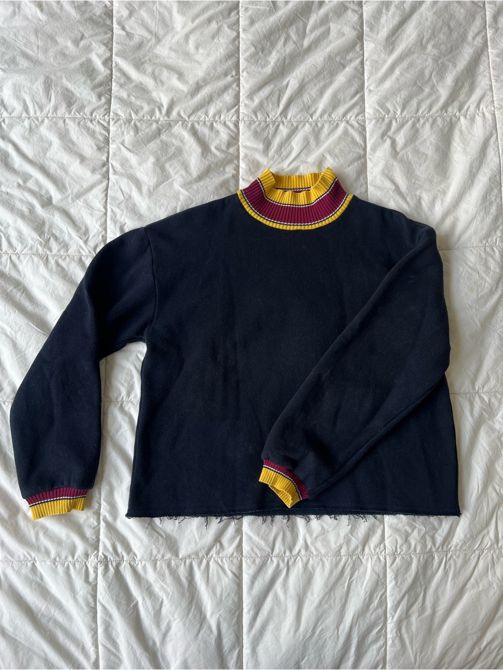 Zara Navy Turtleneck Sweatshirt with Yellow & Burgundy Trim
